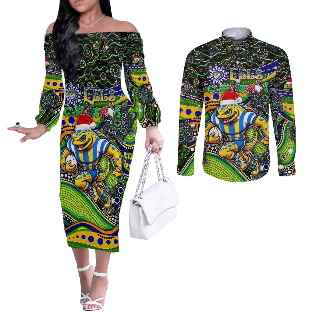 Merry Christmas Eels Couples Matching Off The Shoulder Long Sleeve Dress and Long Sleeve Button Shirt Aboriginal Santa Rugby Mascot - Parramatta