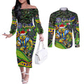 Merry Christmas Eels Couples Matching Off The Shoulder Long Sleeve Dress and Long Sleeve Button Shirt Aboriginal Santa Rugby Mascot - Parramatta