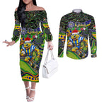 Merry Christmas Eels Couples Matching Off The Shoulder Long Sleeve Dress and Long Sleeve Button Shirt Aboriginal Santa Rugby Mascot - Parramatta
