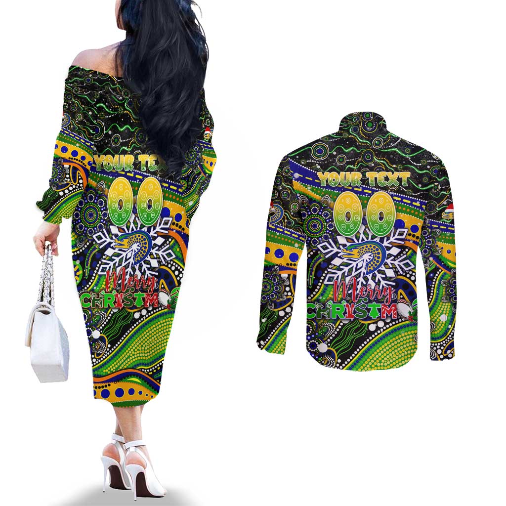 Merry Christmas Eels Couples Matching Off The Shoulder Long Sleeve Dress and Long Sleeve Button Shirt Aboriginal Santa Rugby Mascot - Parramatta