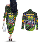 Merry Christmas Eels Couples Matching Off The Shoulder Long Sleeve Dress and Long Sleeve Button Shirt Aboriginal Santa Rugby Mascot - Parramatta