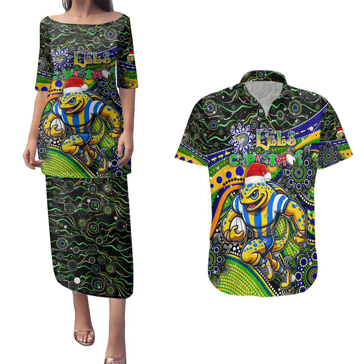 Merry Christmas Eels Couples Matching Puletasi and Hawaiian Shirt Aboriginal Santa Rugby Mascot - Parramatta