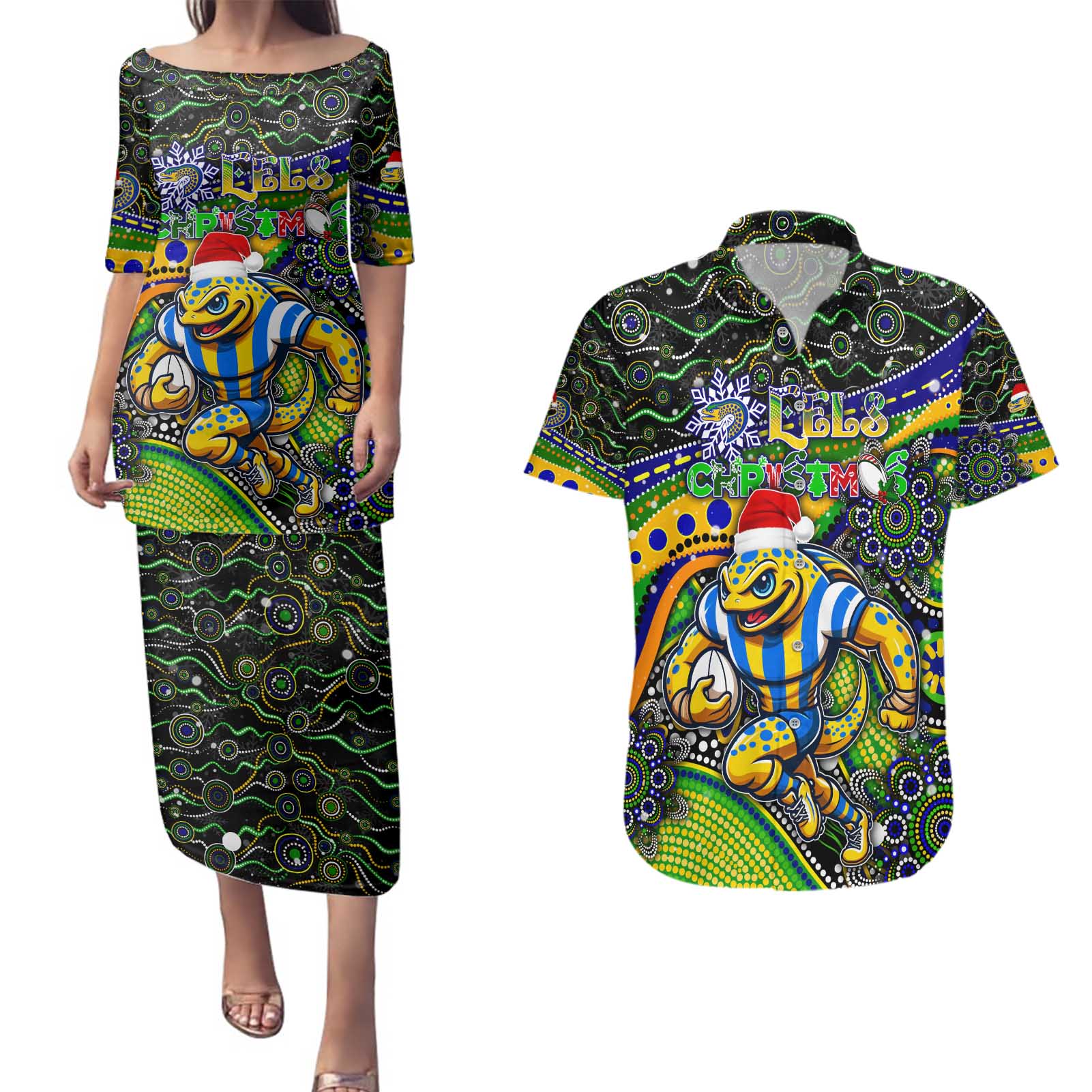 Merry Christmas Eels Couples Matching Puletasi and Hawaiian Shirt Aboriginal Santa Rugby Mascot - Parramatta