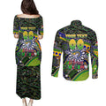 Merry Christmas Eels Couples Matching Puletasi and Long Sleeve Button Shirt Aboriginal Santa Rugby Mascot - Parramatta