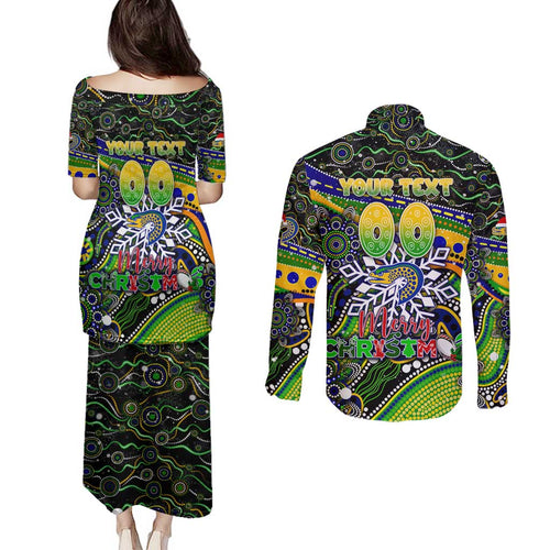 Merry Christmas Eels Couples Matching Puletasi and Long Sleeve Button Shirt Aboriginal Santa Rugby Mascot - Parramatta