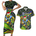 Merry Christmas Eels Couples Matching Short Sleeve Bodycon Dress and Hawaiian Shirt Aboriginal Santa Rugby Mascot - Parramatta
