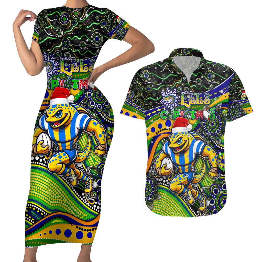 Merry Christmas Eels Couples Matching Short Sleeve Bodycon Dress and Hawaiian Shirt Aboriginal Santa Rugby Mascot - Parramatta