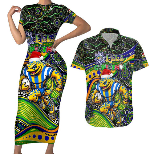 Merry Christmas Eels Couples Matching Short Sleeve Bodycon Dress and Hawaiian Shirt Aboriginal Santa Rugby Mascot - Parramatta