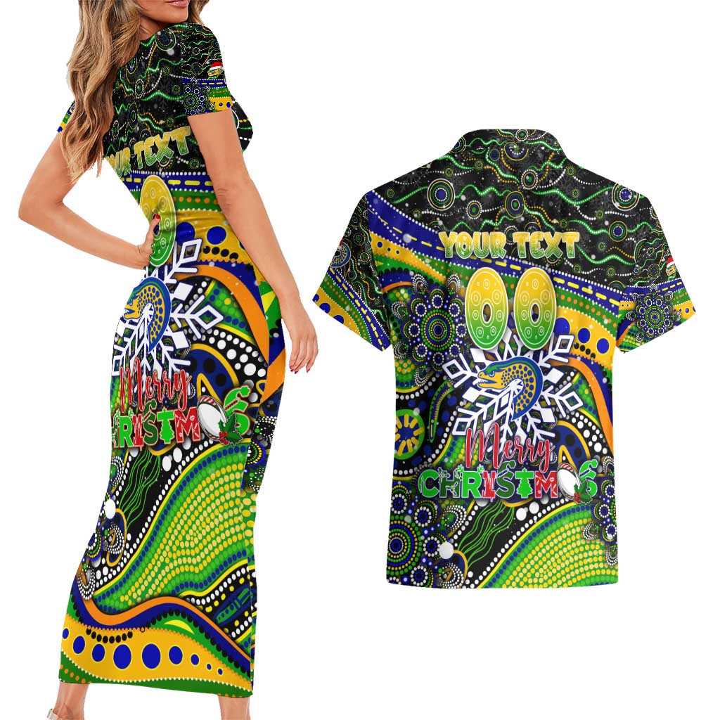 Merry Christmas Eels Couples Matching Short Sleeve Bodycon Dress and Hawaiian Shirt Aboriginal Santa Rugby Mascot - Parramatta