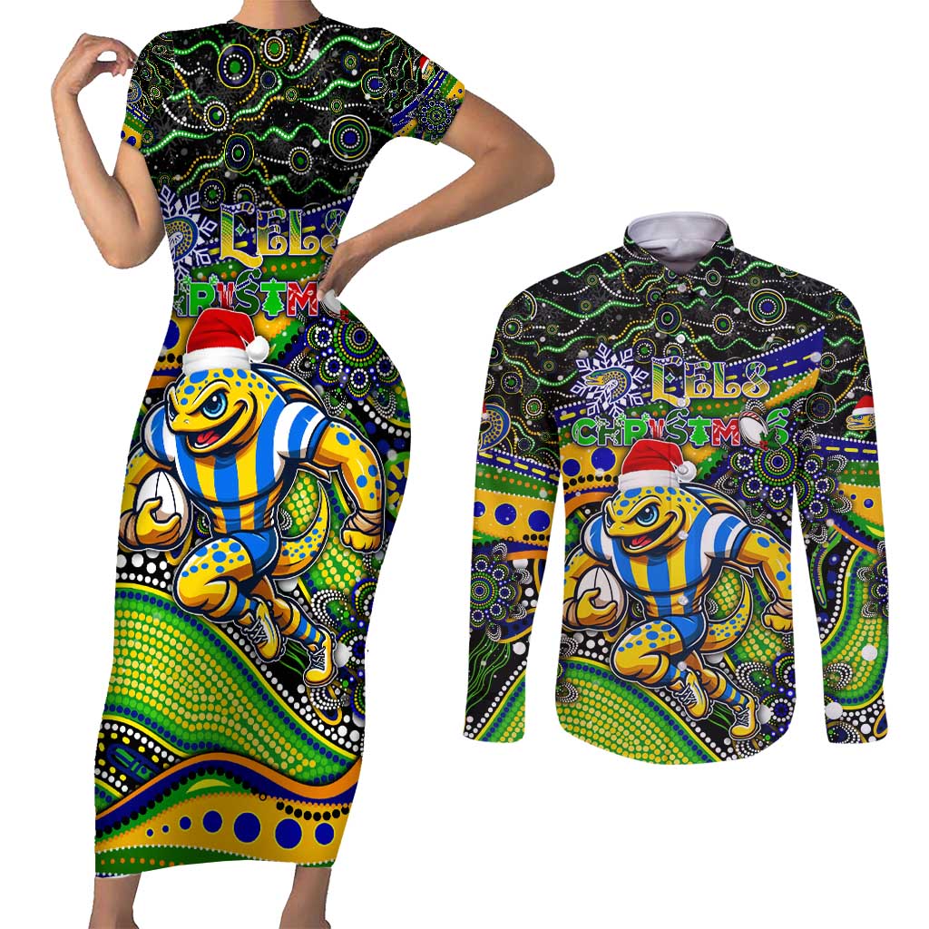Merry Christmas Eels Couples Matching Short Sleeve Bodycon Dress and Long Sleeve Button Shirt Aboriginal Santa Rugby Mascot - Parramatta