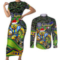 Merry Christmas Eels Couples Matching Short Sleeve Bodycon Dress and Long Sleeve Button Shirt Aboriginal Santa Rugby Mascot - Parramatta