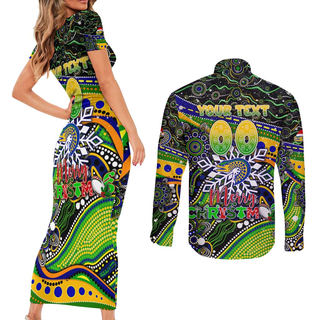 Merry Christmas Eels Couples Matching Short Sleeve Bodycon Dress and Long Sleeve Button Shirt Aboriginal Santa Rugby Mascot - Parramatta