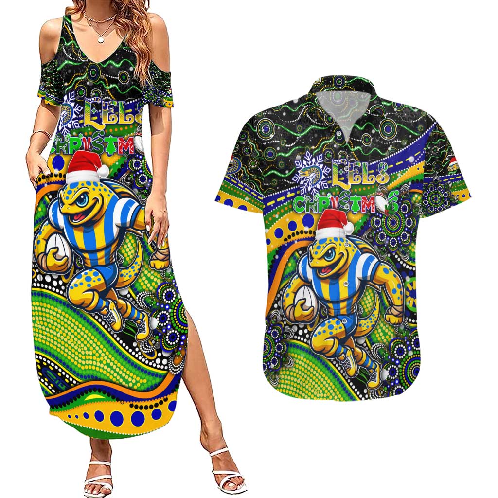 Merry Christmas Eels Couples Matching Summer Maxi Dress and Hawaiian Shirt Aboriginal Santa Rugby Mascot - Parramatta