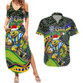 Merry Christmas Eels Couples Matching Summer Maxi Dress and Hawaiian Shirt Aboriginal Santa Rugby Mascot - Parramatta