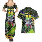 Merry Christmas Eels Couples Matching Summer Maxi Dress and Hawaiian Shirt Aboriginal Santa Rugby Mascot - Parramatta