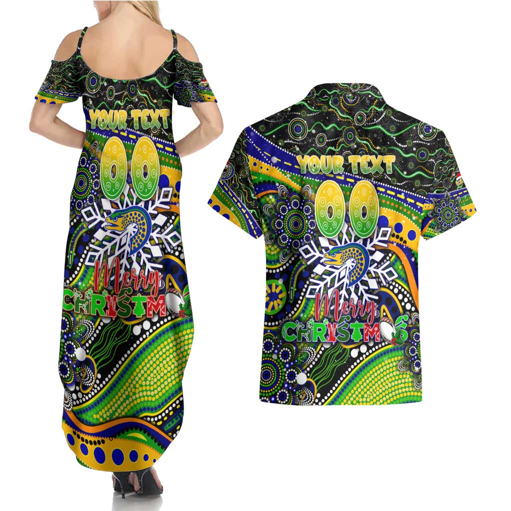 Merry Christmas Eels Couples Matching Summer Maxi Dress and Hawaiian Shirt Aboriginal Santa Rugby Mascot - Parramatta