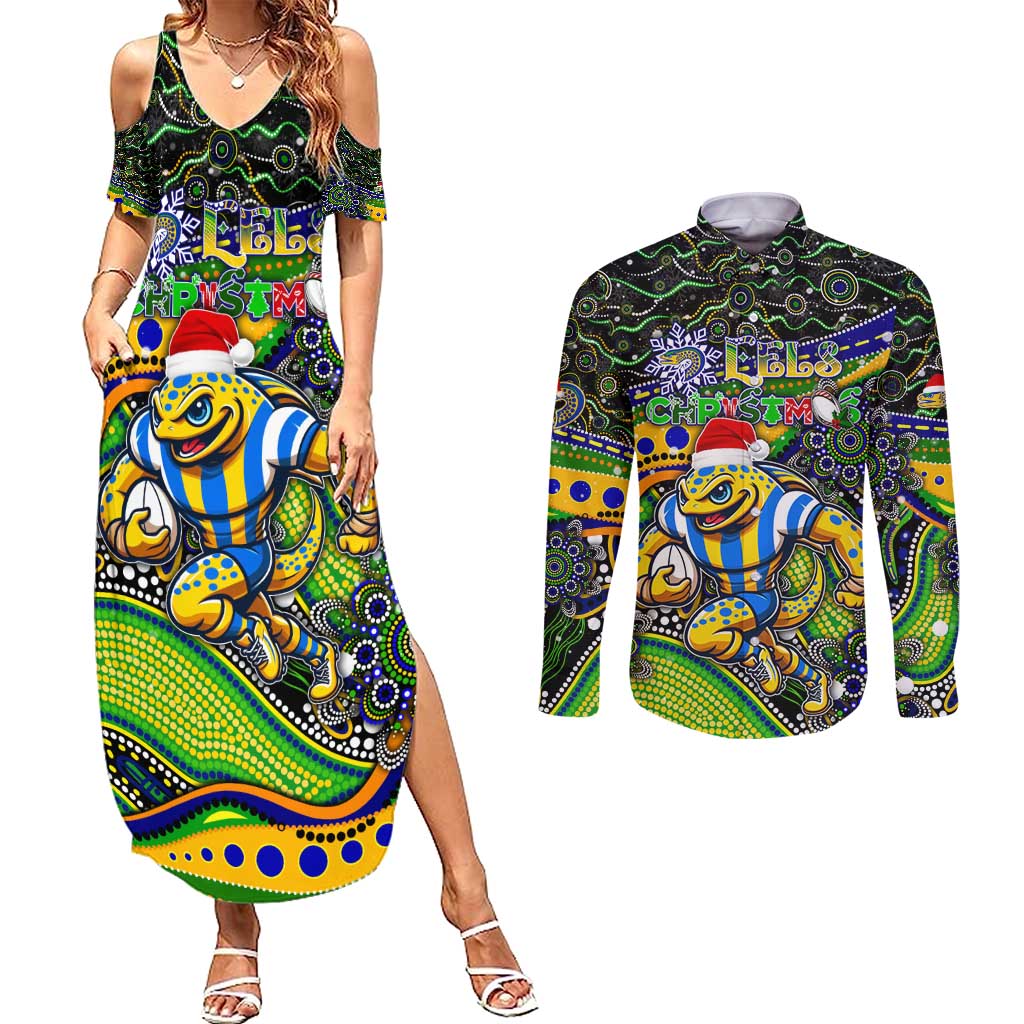 Merry Christmas Eels Couples Matching Summer Maxi Dress and Long Sleeve Button Shirt Aboriginal Santa Rugby Mascot - Parramatta