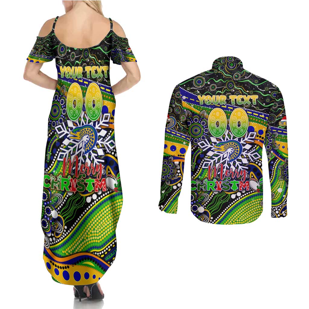Merry Christmas Eels Couples Matching Summer Maxi Dress and Long Sleeve Button Shirt Aboriginal Santa Rugby Mascot - Parramatta