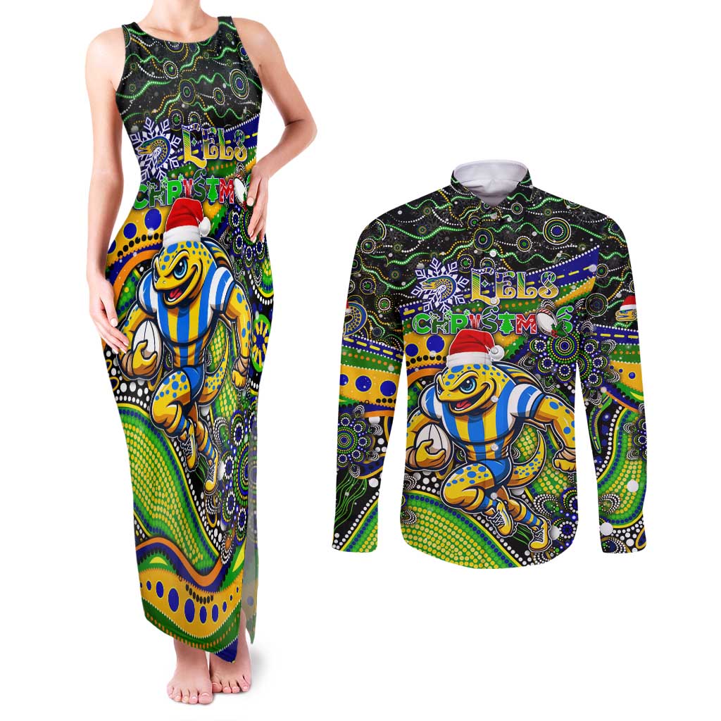 Merry Christmas Eels Couples Matching Tank Maxi Dress and Long Sleeve Button Shirt Aboriginal Santa Rugby Mascot - Parramatta