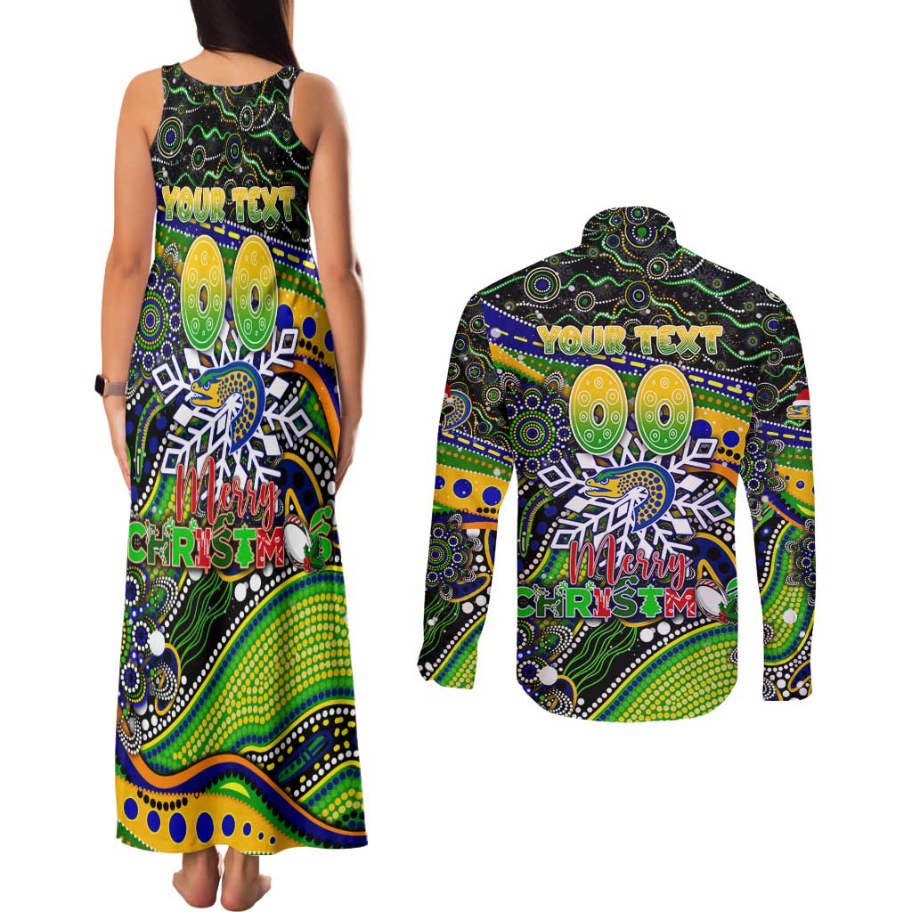 Merry Christmas Eels Couples Matching Tank Maxi Dress and Long Sleeve Button Shirt Aboriginal Santa Rugby Mascot - Parramatta