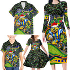 Merry Christmas Eels Family Matching Long Sleeve Bodycon Dress and Hawaiian Shirt Aboriginal Santa Rugby Mascot - Parramatta