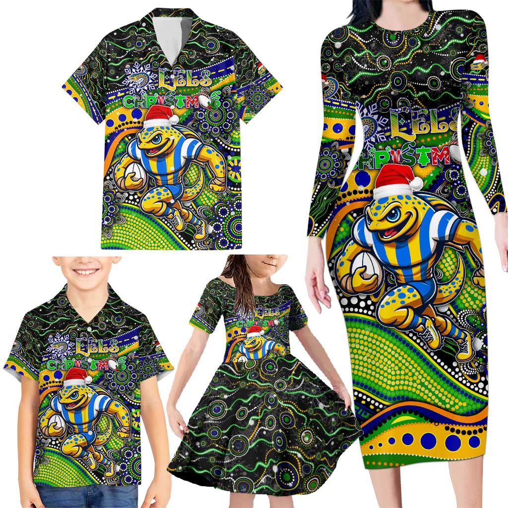 Merry Christmas Eels Family Matching Long Sleeve Bodycon Dress and Hawaiian Shirt Aboriginal Santa Rugby Mascot - Parramatta