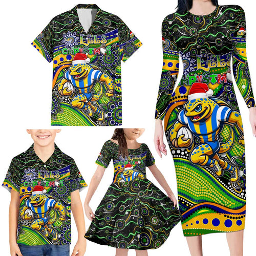 Merry Christmas Eels Family Matching Long Sleeve Bodycon Dress and Hawaiian Shirt Aboriginal Santa Rugby Mascot - Parramatta