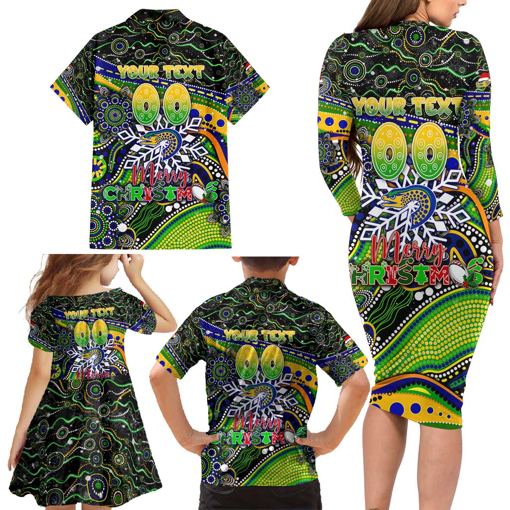 Merry Christmas Eels Family Matching Long Sleeve Bodycon Dress and Hawaiian Shirt Aboriginal Santa Rugby Mascot - Parramatta