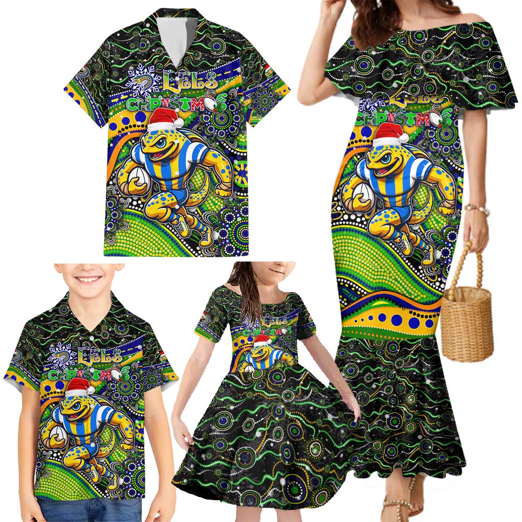 Merry Christmas Eels Family Matching Mermaid Dress and Hawaiian Shirt Aboriginal Santa Rugby Mascot - Parramatta