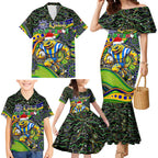 Merry Christmas Eels Family Matching Mermaid Dress and Hawaiian Shirt Aboriginal Santa Rugby Mascot - Parramatta