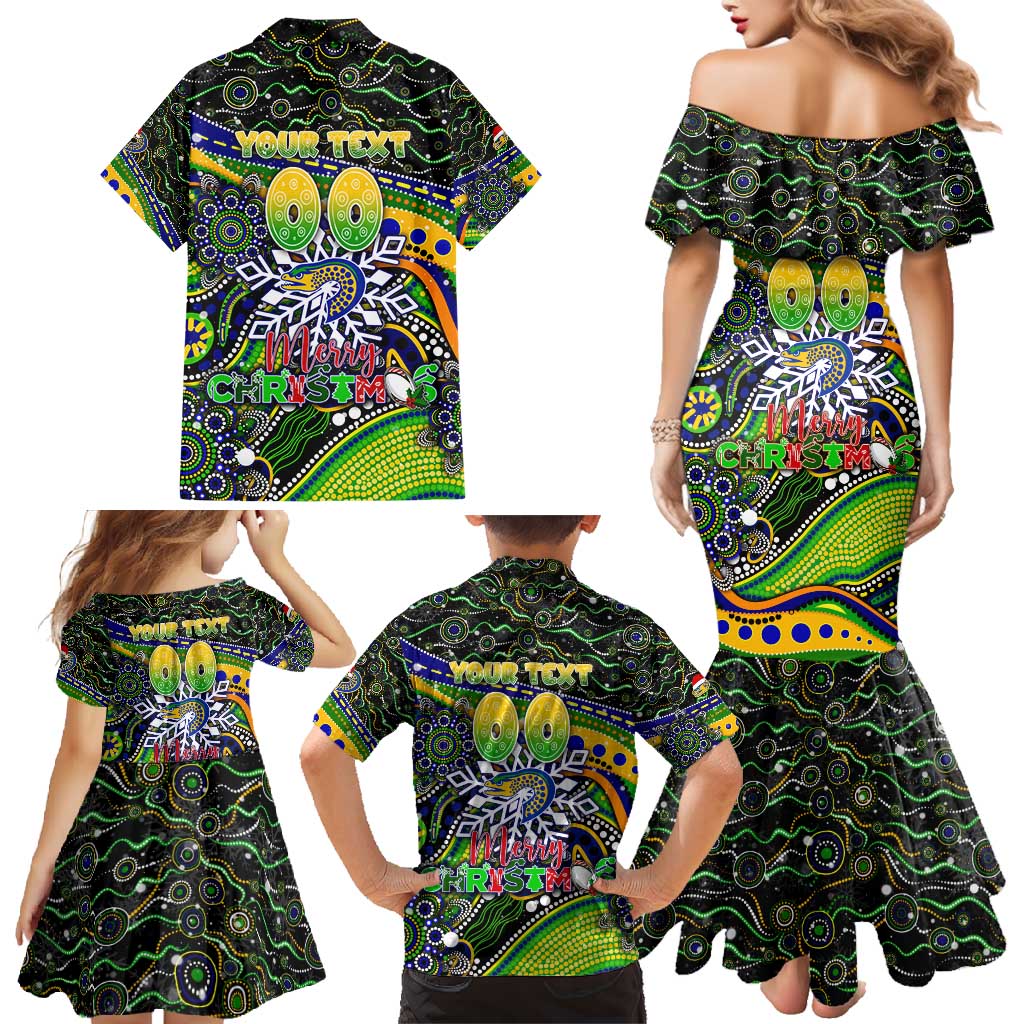 Merry Christmas Eels Family Matching Mermaid Dress and Hawaiian Shirt Aboriginal Santa Rugby Mascot - Parramatta