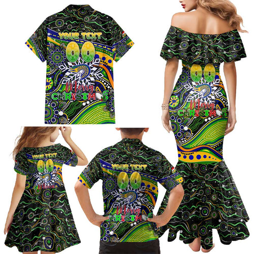 Merry Christmas Eels Family Matching Mermaid Dress and Hawaiian Shirt Aboriginal Santa Rugby Mascot - Parramatta