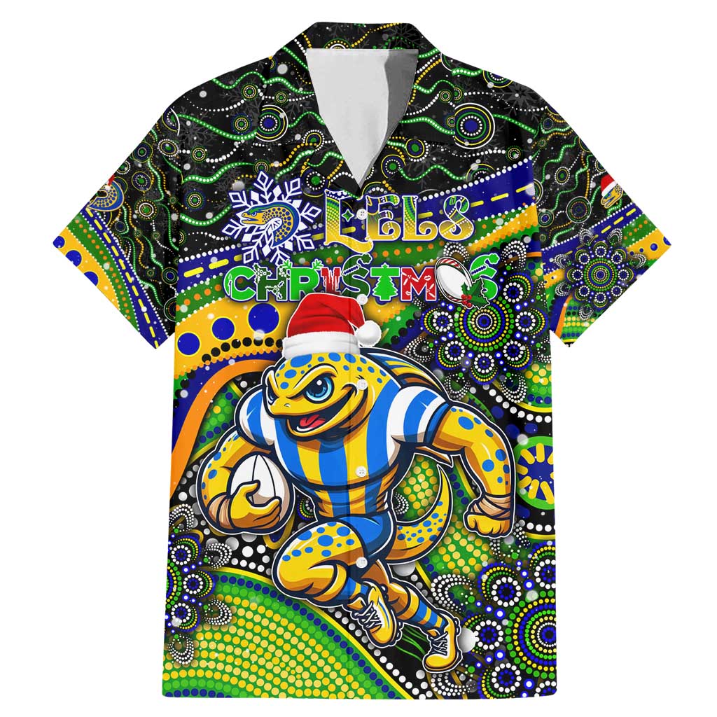 Merry Christmas Eels Family Matching Mermaid Dress and Hawaiian Shirt Aboriginal Santa Rugby Mascot - Parramatta