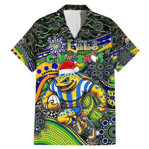 Merry Christmas Eels Family Matching Mermaid Dress and Hawaiian Shirt Aboriginal Santa Rugby Mascot - Parramatta