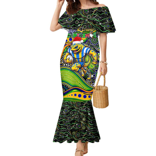 Merry Christmas Eels Family Matching Mermaid Dress and Hawaiian Shirt Aboriginal Santa Rugby Mascot - Parramatta