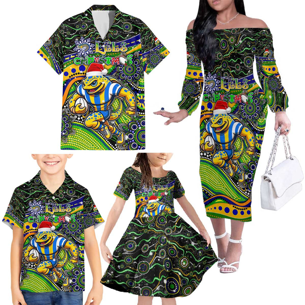 Merry Christmas Eels Family Matching Off The Shoulder Long Sleeve Dress and Hawaiian Shirt Aboriginal Santa Rugby Mascot - Parramatta