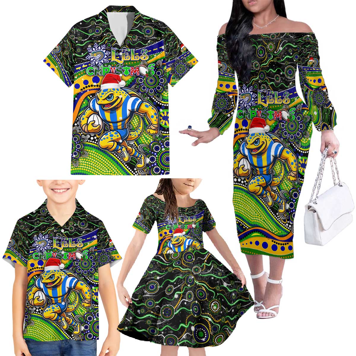 Merry Christmas Eels Family Matching Off The Shoulder Long Sleeve Dress and Hawaiian Shirt Aboriginal Santa Rugby Mascot - Parramatta