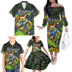 Merry Christmas Eels Family Matching Off The Shoulder Long Sleeve Dress and Hawaiian Shirt Aboriginal Santa Rugby Mascot - Parramatta