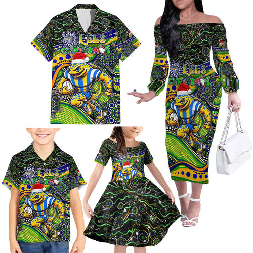 Merry Christmas Eels Family Matching Off The Shoulder Long Sleeve Dress and Hawaiian Shirt Aboriginal Santa Rugby Mascot - Parramatta