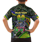 Merry Christmas Eels Family Matching Off The Shoulder Long Sleeve Dress and Hawaiian Shirt Aboriginal Santa Rugby Mascot - Parramatta