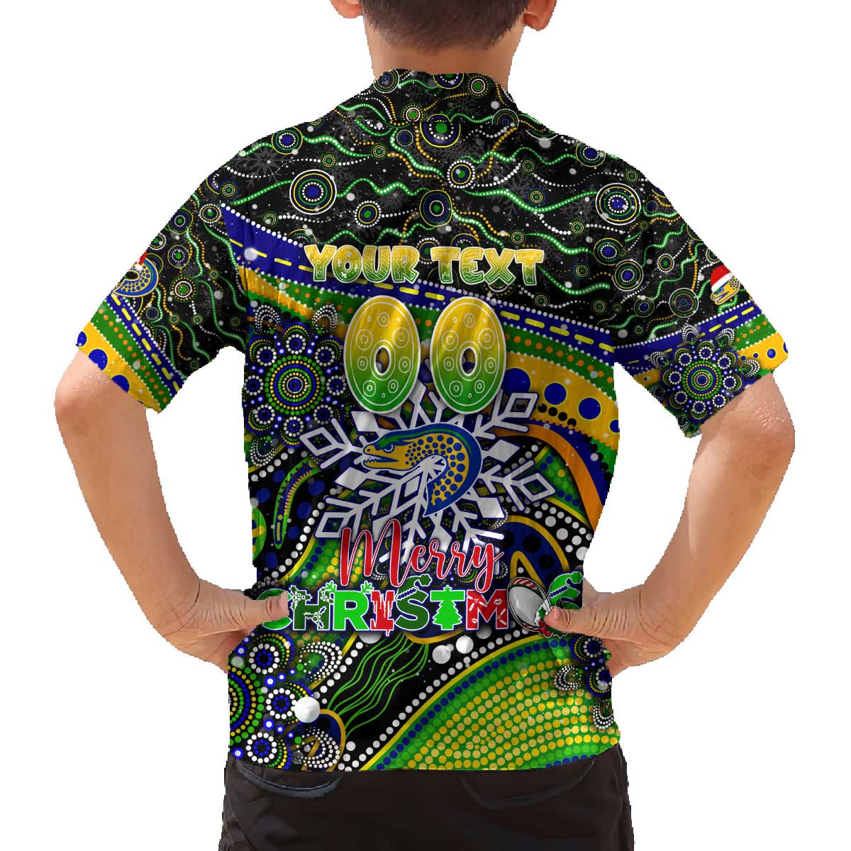 Merry Christmas Eels Family Matching Off The Shoulder Long Sleeve Dress and Hawaiian Shirt Aboriginal Santa Rugby Mascot - Parramatta