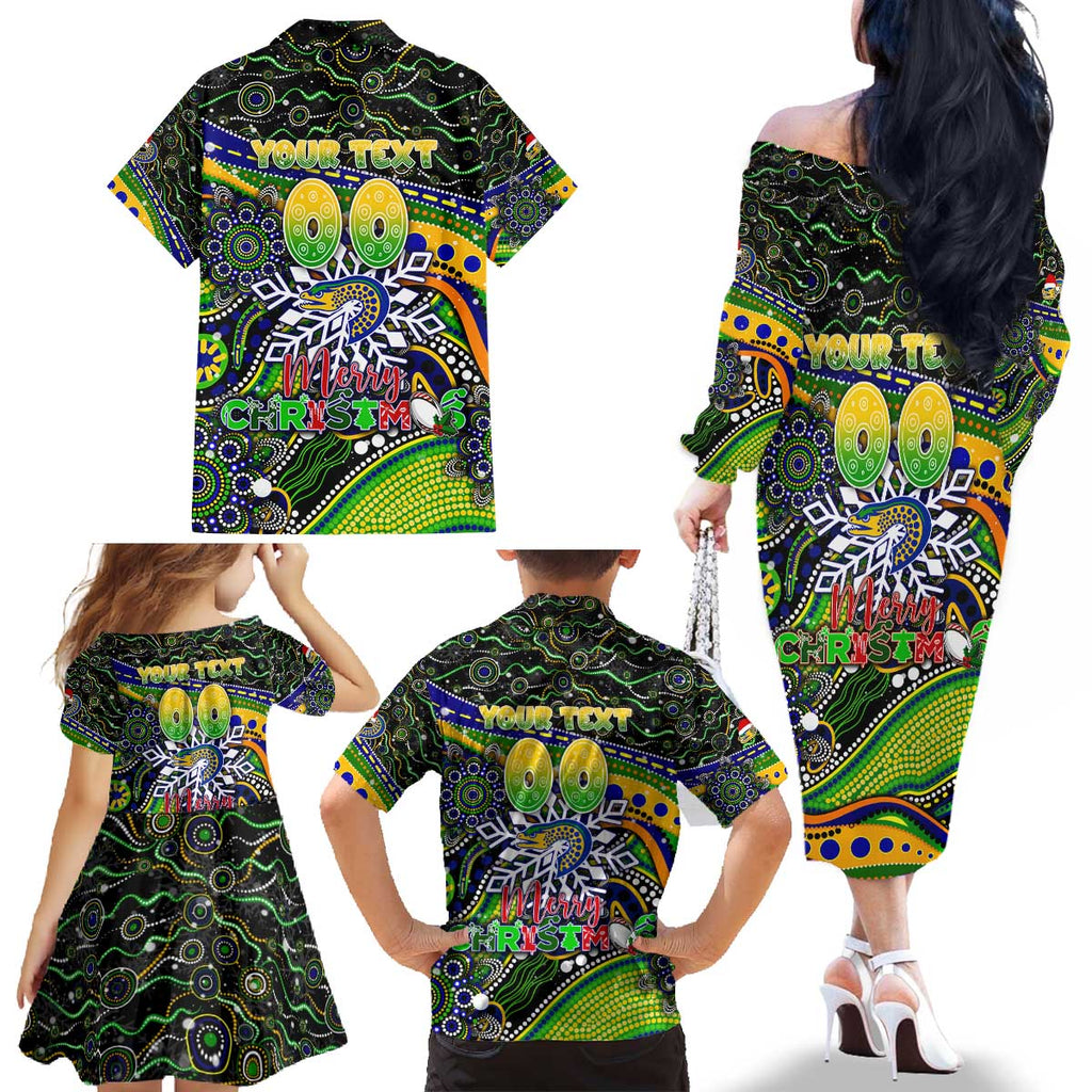 Merry Christmas Eels Family Matching Off The Shoulder Long Sleeve Dress and Hawaiian Shirt Aboriginal Santa Rugby Mascot - Parramatta