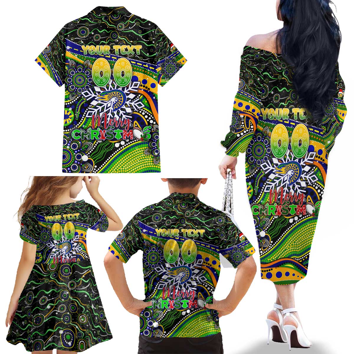 Merry Christmas Eels Family Matching Off The Shoulder Long Sleeve Dress and Hawaiian Shirt Aboriginal Santa Rugby Mascot - Parramatta