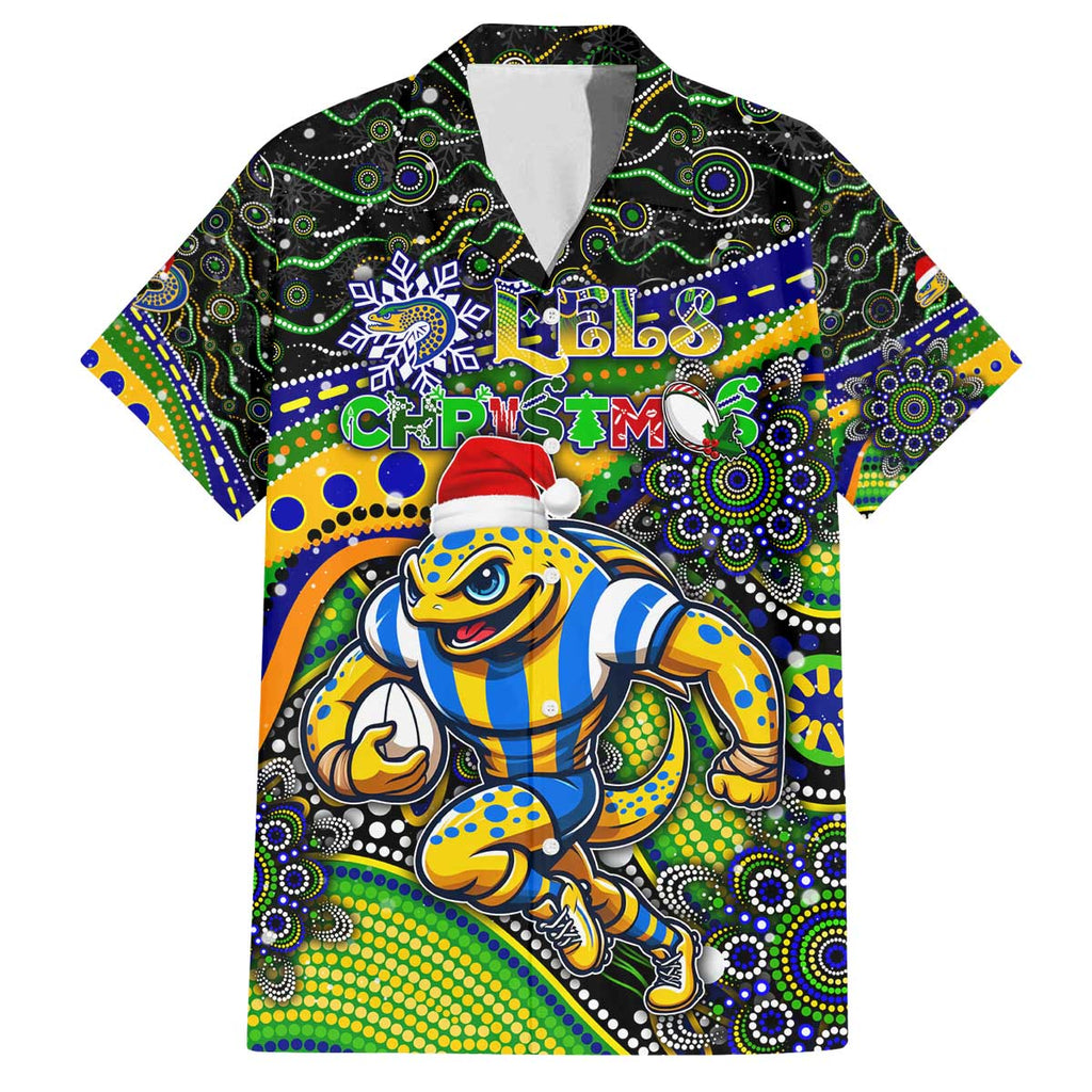 Merry Christmas Eels Family Matching Off The Shoulder Long Sleeve Dress and Hawaiian Shirt Aboriginal Santa Rugby Mascot - Parramatta