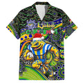 Merry Christmas Eels Family Matching Off The Shoulder Long Sleeve Dress and Hawaiian Shirt Aboriginal Santa Rugby Mascot - Parramatta