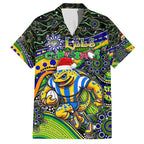 Merry Christmas Eels Family Matching Off The Shoulder Long Sleeve Dress and Hawaiian Shirt Aboriginal Santa Rugby Mascot - Parramatta