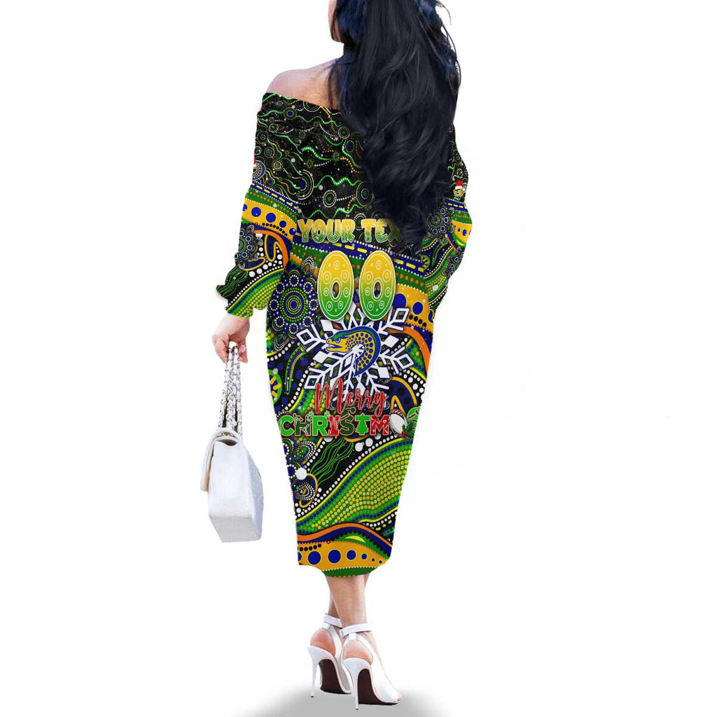 Merry Christmas Eels Family Matching Off The Shoulder Long Sleeve Dress and Hawaiian Shirt Aboriginal Santa Rugby Mascot - Parramatta