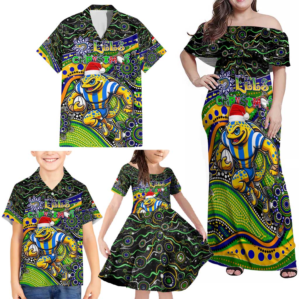 Merry Christmas Eels Family Matching Off Shoulder Maxi Dress and Hawaiian Shirt Aboriginal Santa Rugby Mascot - Parramatta