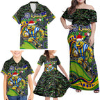 Merry Christmas Eels Family Matching Off Shoulder Maxi Dress and Hawaiian Shirt Aboriginal Santa Rugby Mascot - Parramatta