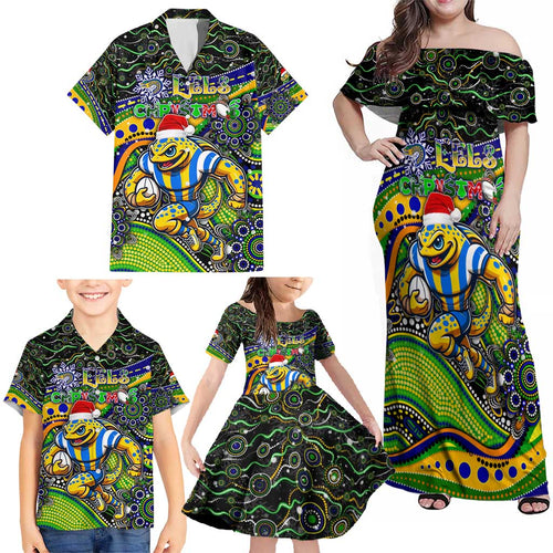 Merry Christmas Eels Family Matching Off Shoulder Maxi Dress and Hawaiian Shirt Aboriginal Santa Rugby Mascot - Parramatta